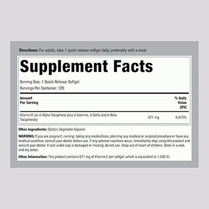 Piping Rock Vitamin E 1000 IU Softgels  120 Count  with D-Alpha and Mixed Tocopherols  Gluten Free, Non-GMO Supplement