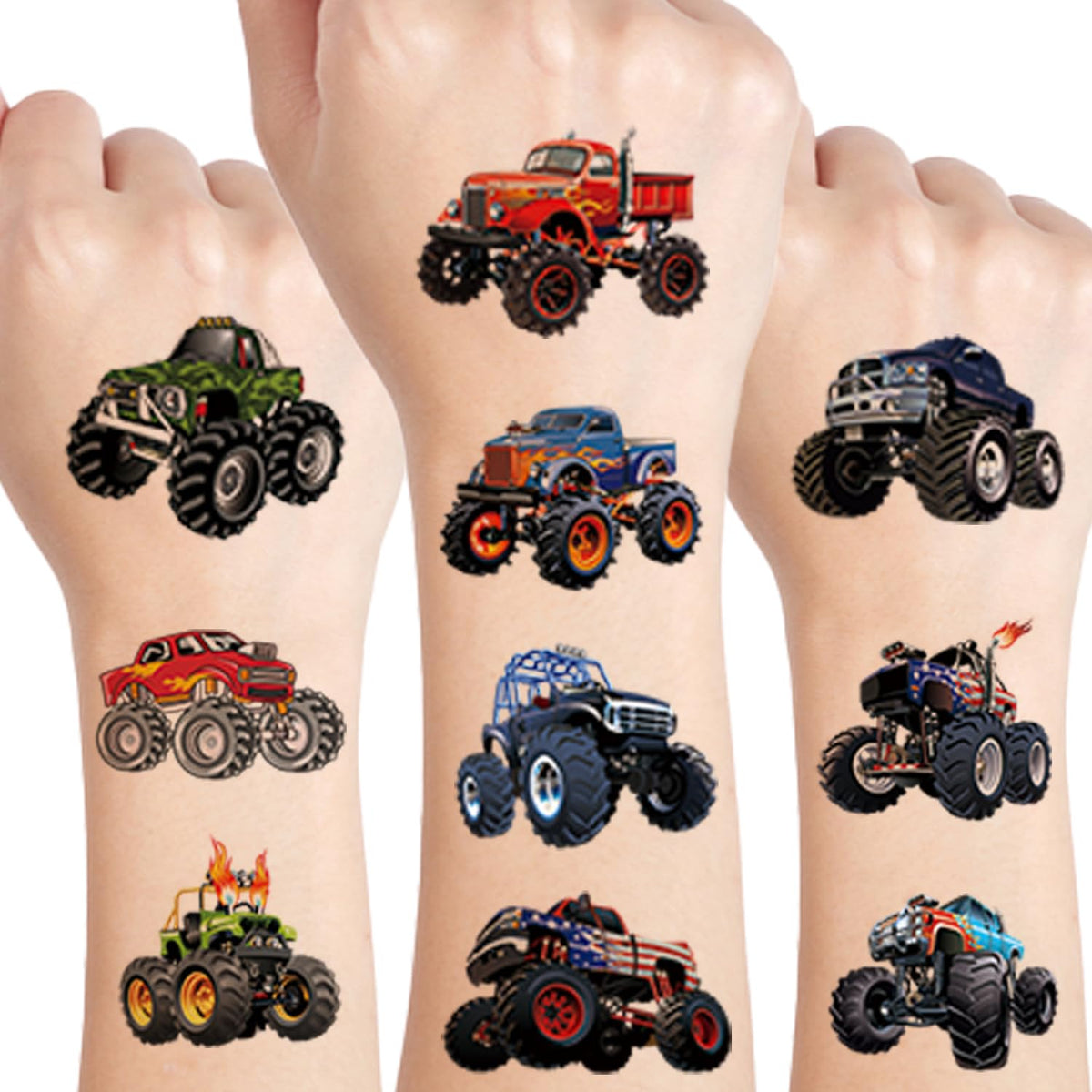 UVUXO Monster Truck Temporary Tattoo for kids - 10 Sheets Cars Tattoos Temporary for Boys Monster Truck Birthday Party Supplies for Kid