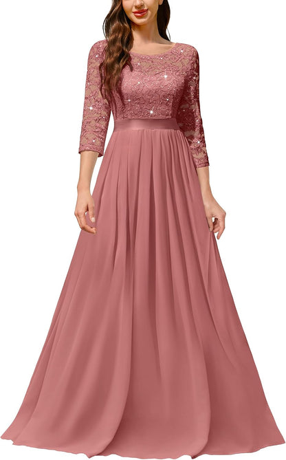 Miusol Women's Classy Scoop Neck Sequined Floral Lace Home Coming Party Maxi Dress