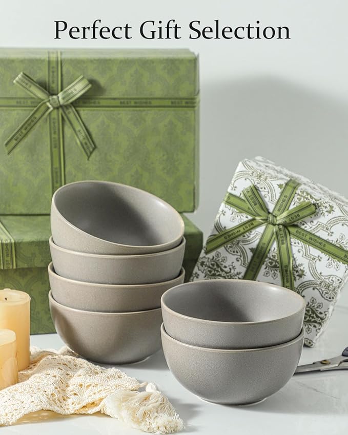 Soup Bowls Set of 6, 24 oz Cereal Bowls for Kitchen, Ceramic Bowls Set for Pasta, Ramen, Oatmeal, Dessert, Stoneware Bowls Set for Gift, Dishwasher Microwave Oven Safe, Matte Gray