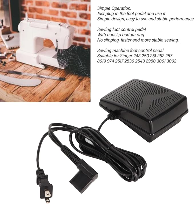 Foot Control Pedal with Power Cord Replacement Foot Pedal Sewing Machine Parts for Singer 248 250 251 252 257 8019 974 2517 2530 2543 2950 3001 3002 (110V US Plug)
