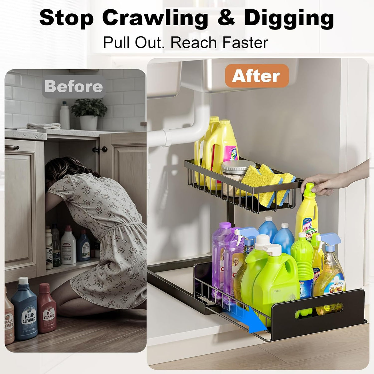 REALINN Under Sink Organizer, Pull Out Cabinet Storage 2 Tier Slide Out Sink Shelf, Kitchen Organizers and Storage, Black, 1 Pack