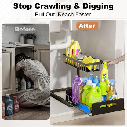 REALINN Under Sink Organizer, Pull Out Cabinet Storage 2 Tier Slide Out Sink Shelf, Kitchen Organizers and Storage, Black, 1 Pack