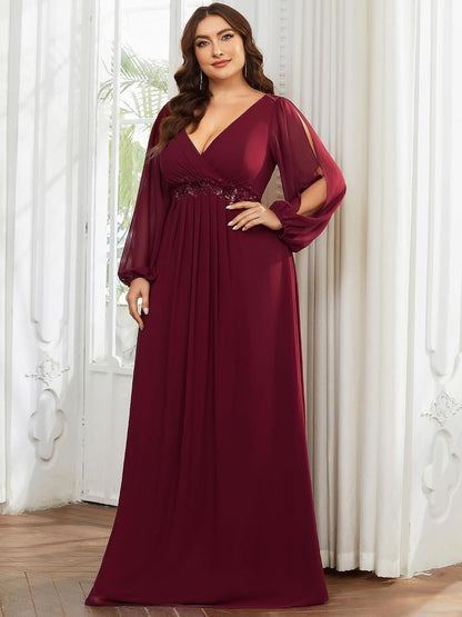 Ever-Pretty V Neck Long Sleeves Applique Chiffon Plus Size Long Ball Gown Formal Evening Dress for Women