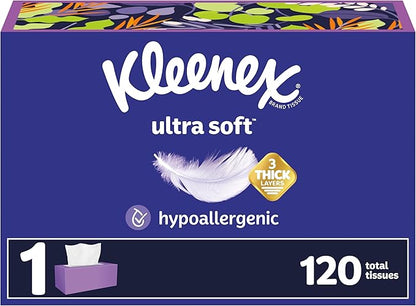 Kleenex Ultra Soft Facial Tissues, 1 Flat Box, 120 Tissues per Box, 3-Ply, Packaging May Vary