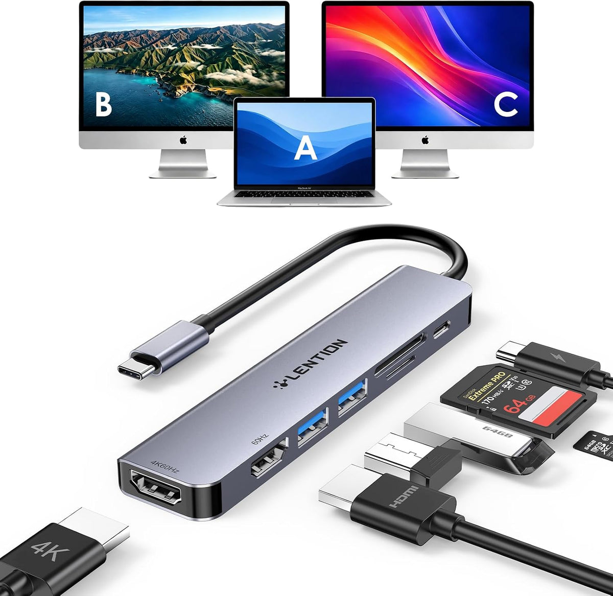 Dual Monitor Docking Station, 4K@60Hz USB C to HDMI Adapter, Laptop Docking Station with PD 100W, 5Gbps USB-A*2 Ports, SD/Micro Card Reader for 2025-2016 MacBook Pro, 2025-2018 MacBook Air