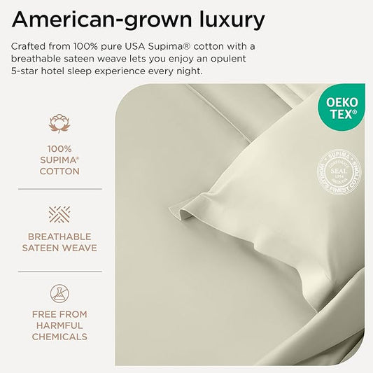 Threadmill 100 Supima Cotton Sheets, Premium 1200 Thread Count Cotton Sheets for King Size Bed, 4 Pc Ivory King Bed Sheets Set, 5-Star Hotel Quality with Elasticized Deep Pocket King Sheets