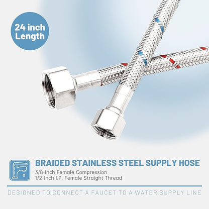 BWE 24" Length Faucet Connector, Braided Stainless Steel - 3/4" Female Compression Thread x 1/2" I.P. Female Straight Thread, x 2 Pcs (1 Pair)