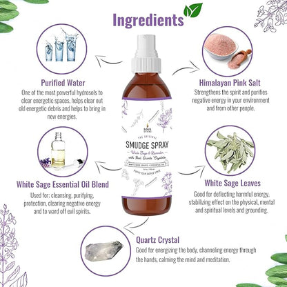 SOUL STICKS White Sage  Lavender Smudge Spray  3.5oz Smokeless Mist with Quartz Crystals  Calming Essential Oil Spray for Sleep, Stress Relief, Meditation, and Energy Cleansing