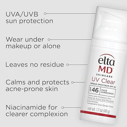 EltaMD UV Clear Face Sunscreen SPF 46, Oil-Free Sunscreen with Zinc Oxide, Dermatologist Recommended