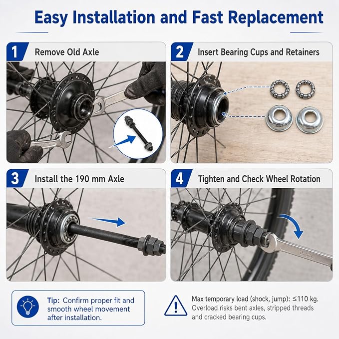 190 mm Bicycle Hub Axle Kit with Bearing Retainers and Cups