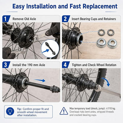 190 mm Bicycle Hub Axle Kit with Bearing Retainers and Cups