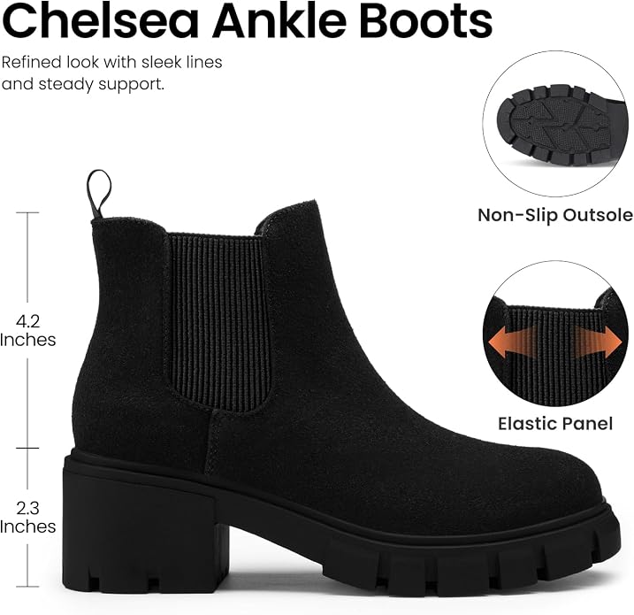 Athlefit Women's Slip on Chelsea Ankle Boots | Fall Short Booties Shoes with 2.3-Inch Low Chunky Heel, Round Toe, Lug Outsole, for Daily Wear, Office Work, Casual Outing