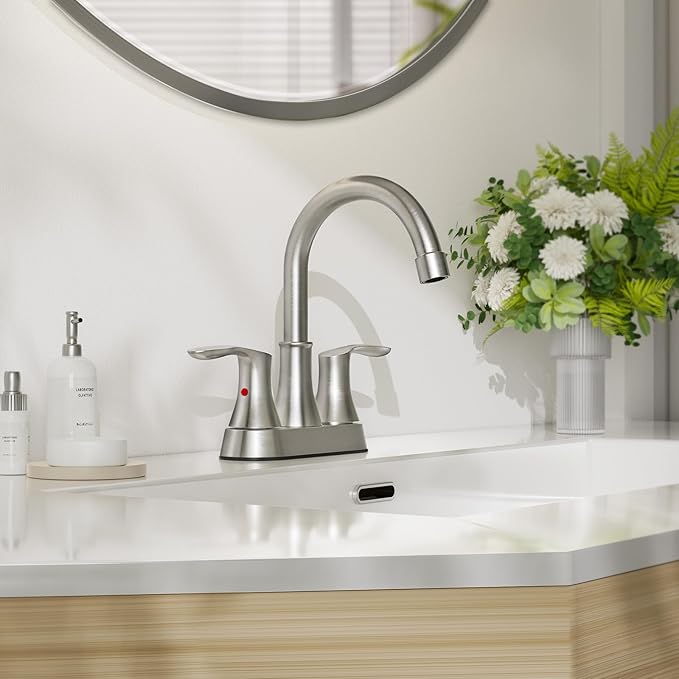 Phiestina 4 Inch 2 or 3 Hole Brushed Nickel Bathroom Sink Faucet RV Swivel 2 Handle Centerset Bath Vanity Faucet, with Water Supply line  Metal Pop-up Drain,TY36-BN