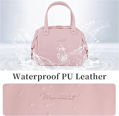 Insulated Lunch Bag for Women, Portable Leakproof Cooler Bag PU Leather Lunchbox Lunch Tote Bags for Work or Picnic (Pink)
