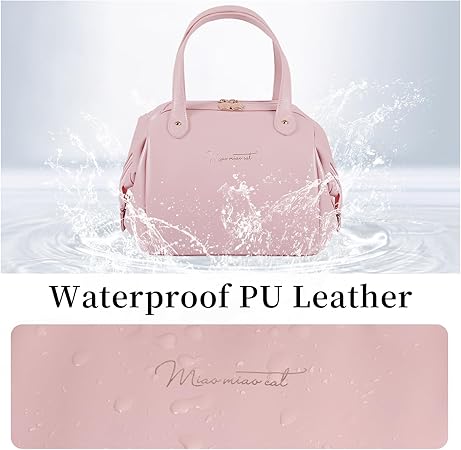 Insulated Lunch Bag for Women, Portable Leakproof Cooler Bag PU Leather Lunchbox Lunch Tote Bags for Work or Picnic (Pink)