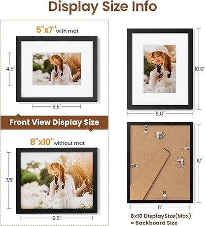 8x10 Picture Frames with Mat to Display 5x7 Picture Set of 5,Plastic Black Photo Frame for Poster,Diploma,Certificate and Document with Tabletop and Wall Decor