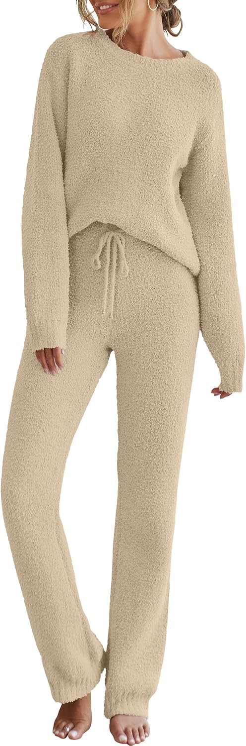 MEROKEETY Womens Fuzzy Fleece Long Sleeve 2 Piece Loungewear Outfits Sweater Pants Pajama Sets