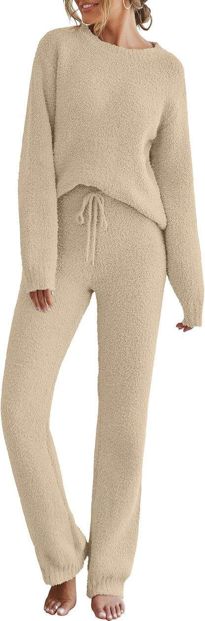 MEROKEETY Womens Fuzzy Fleece Long Sleeve 2 Piece Loungewear Outfits Sweater Pants Pajama Sets