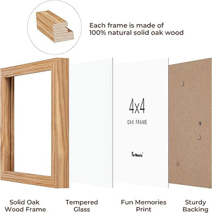 4x4 Picture Frame, Solid White Oak Wood Frame 4 by 4, 4 x 4 Square Photo Frame with Tempered Real Glass, Rustic Wooden Frame 4"x4" for Wall & Tabletop Display, Natural Color, Set of 2