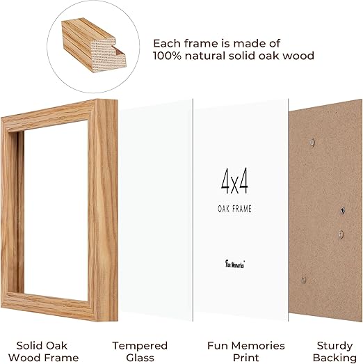 4x4 Picture Frame, Solid White Oak Wood Frame 4 by 4, 4 x 4 Square Photo Frame with Tempered Real Glass, Rustic Wooden Frame 4"x4" for Wall & Tabletop Display, Natural Color, Set of 2