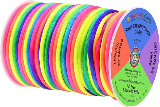 Mandala Crafts Satin nylon cord of 0.118 in, rainbow rope 50 yards for bracelets, necklaces, jewelry, macrame making