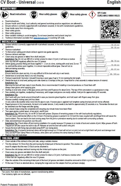 CVS18 Universal Split Constant Velocity Joint Gaiter Boot Replacement Kit, Black