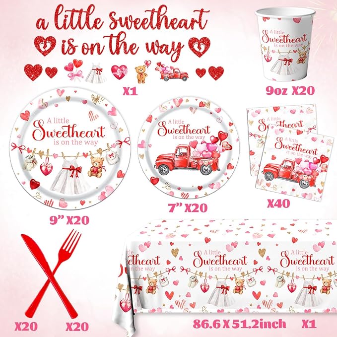 A Little Sweetheart is On The Way Decorations-142Pcs Valentines Baby Shower Tableware Red Hearts Bear Truck Little Sweetheart Paper Plates Kit