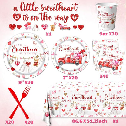 A Little Sweetheart is On The Way Decorations-142Pcs Valentines Baby Shower Tableware Red Hearts Bear Truck Little Sweetheart Paper Plates Kit
