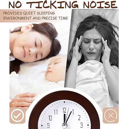Wooden Analog Alarm Clock Silent Non-Ticking Desk Clock Battery Operated Table Clock with Nightlight for Bedroom,Children's Room, Living Room,Brown(4Inch)