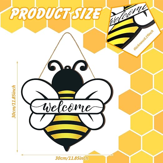 Shellwei Wood Welcome Sign, Bee Theme, Front Door Decor, 12 x 12 inches, Signage, Modern Style, Indoor & Outdoor Usage