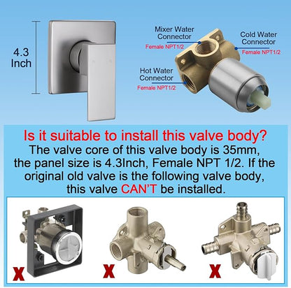 Wall Mount Bathroom Shower Valve Single Handle Shower Valves Mixer Hot and Cold Mixer Single Function Shower Handle Valve Trim Kit 4.3 Inch Cover Plate, Brushed Nickel