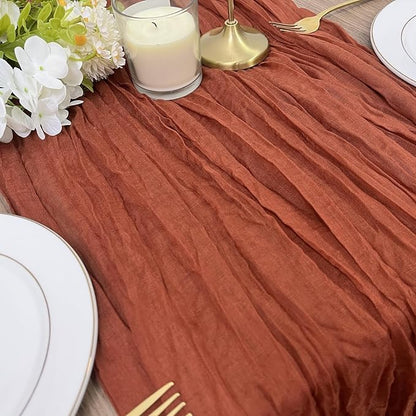 1 Pack Cheesecloth Table Runner, 10FT 35x120 inch Rust Red Table Cloth, Boho Rustic Gauze Dusty for Baby Shower Decor, Mothers Day, Bridal Shower, Wedding, Thanksgiving, Christmas, Birthday Decor