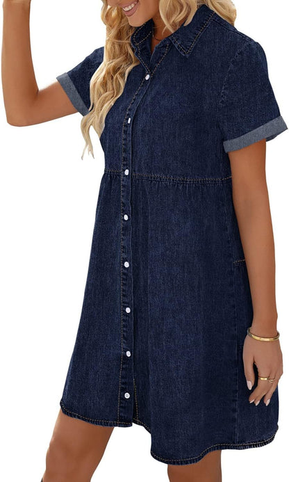 LookbookStore Women's Short Sleeve Button Down Flowy Tiered Babydoll Denim Dress