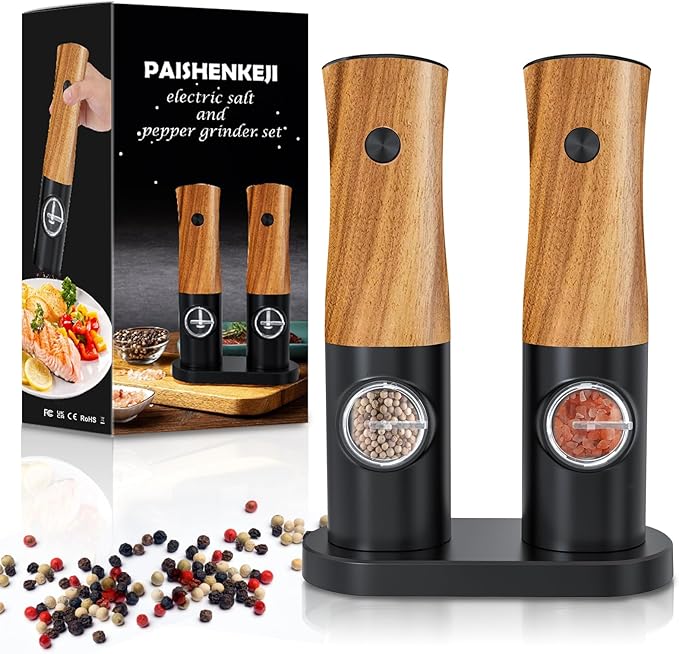 Electric Salt and Pepper Grinder Set - Automatic Battery Powered Salt Grinder Salt and Pepper Shakers Set Electric with Auto Light Adjustable For Gravity Operated Wood Grain Peppercorn Mill