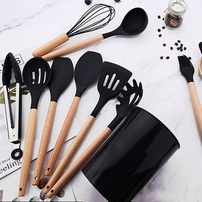 1pcs Black Silicone Balloon Whisk,Heat Resistant Non Scratch Coated Kitchen Whisk with Wooden Handle for Blending Whisking Beating Stirring Cooking Backing