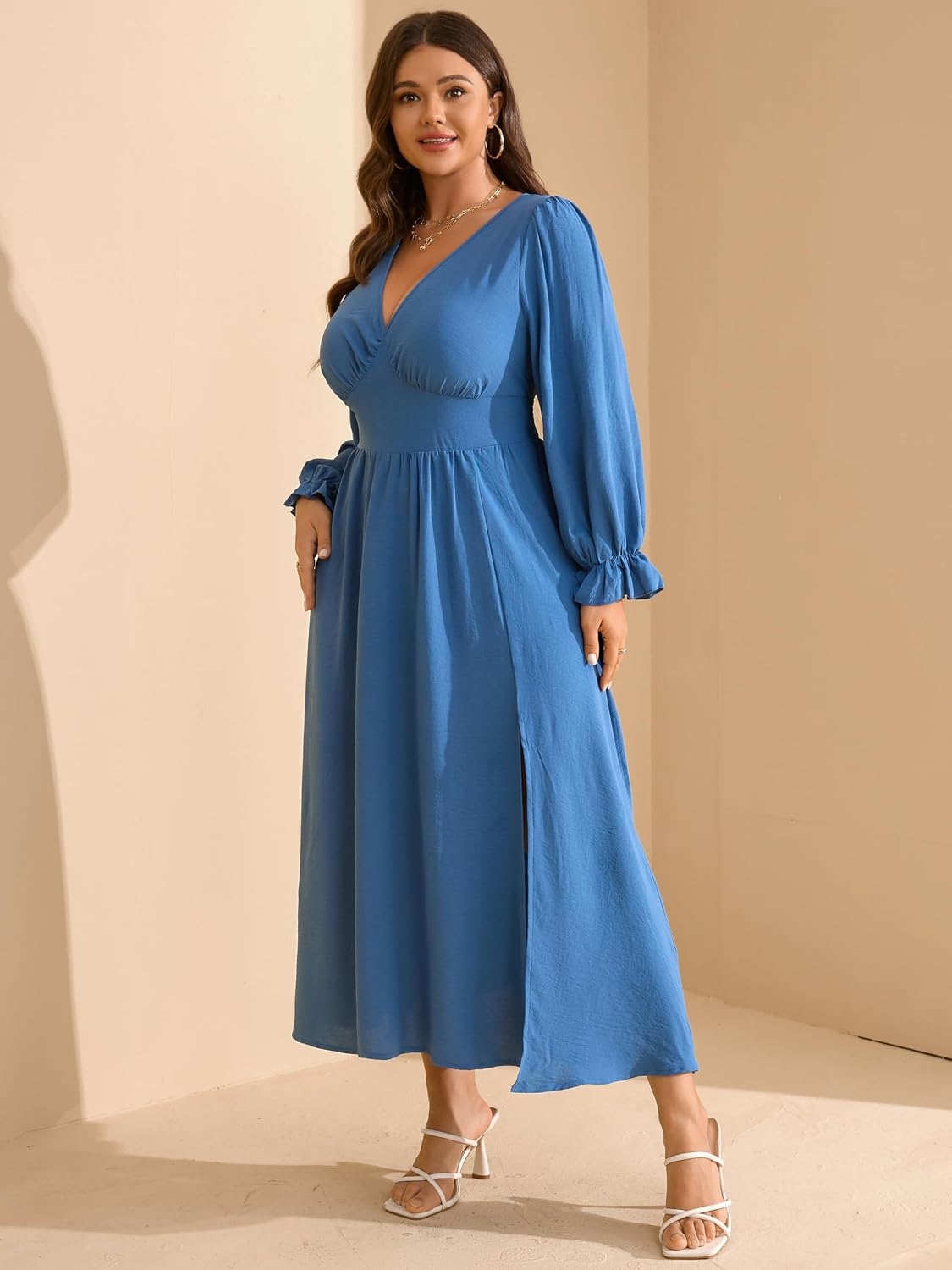 RWJ Plus Size Wedding Guest Dress for Women Deep V Neck Long Sleeve High Waist Slit Formal Cocktail Party Fall Maxi Dresses