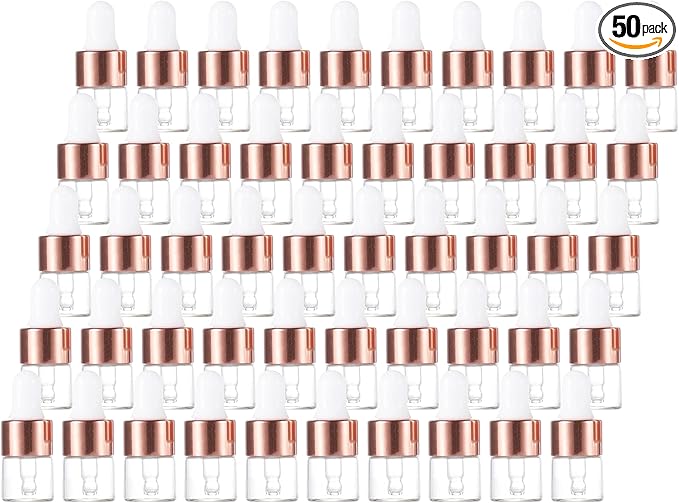 50 Pcs Mini Glass Dropper Bottle Lab Dropping Bottles Essential Oil Dropper Bottles Cosmetic Sample Vials Dropping Sample Containers Eye Dropper Dispenser (Rose Gold, 1ML)