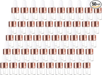 50 Pcs Mini Glass Dropper Bottle Lab Dropping Bottles Essential Oil Dropper Bottles Cosmetic Sample Vials Dropping Sample Containers Eye Dropper Dispenser (Rose Gold, 1ML)