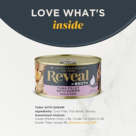 Reveal Natural Wet Cat Food, 24 Count, Grain Free, Limited Ingredient Canned Food for Cats, Tuna Fillet with Shrimp in Broth, 2.47 oz Cans