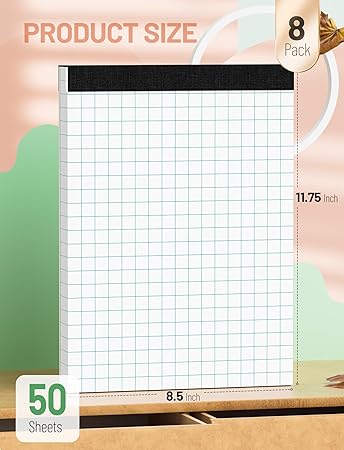 Graph Paper Pads 8.5 x 11 Graph Paper Notebook 8 Pack Grid Notebook Paper Pad 2x2 Quad Grid Paper Pad 8-12 x 11 White Quadrille Pad 8.5" x 11" Graft Paper Graph Pad 70 GSM Grid Tablet 50 SheetsPad