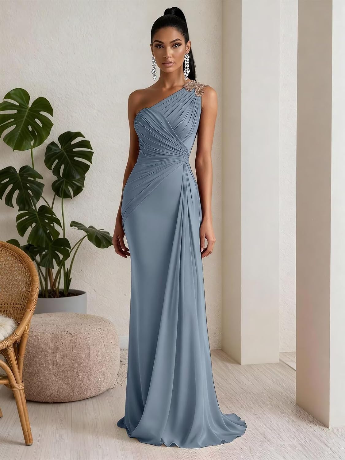 RYANTH One Shoulder Chiffon Bridesmaid Dresses for Women Mermaid Long Prom Dress Pleated Beaded Formal Evening Gowns.