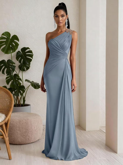 RYANTH One Shoulder Chiffon Bridesmaid Dresses for Women Mermaid Long Prom Dress Pleated Beaded Formal Evening Gowns.