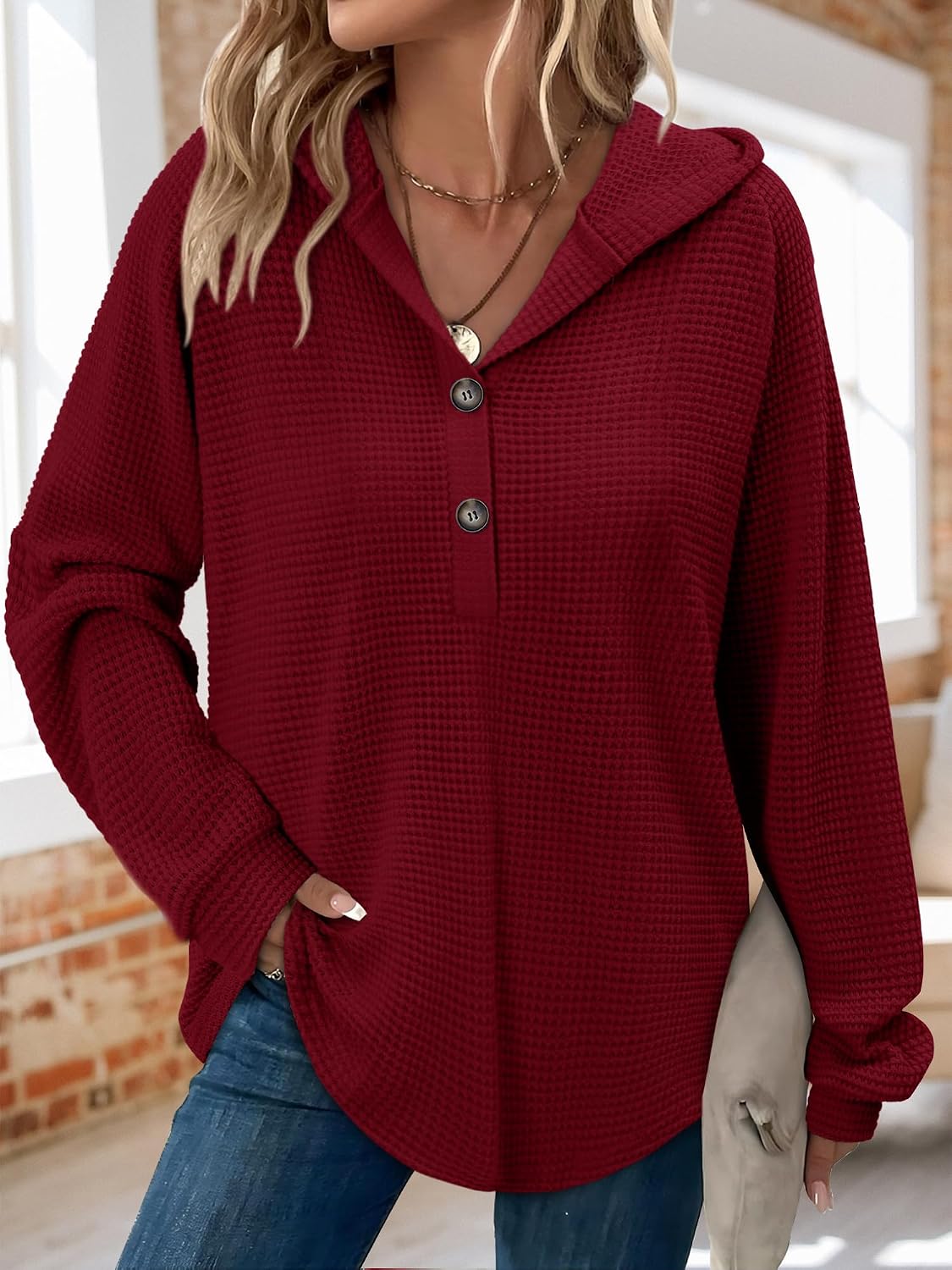 BETTE BOUTIK Womens Long Sleeve Waffle Knit Tops Fall Winter V Neck Casual Fashion Shirts