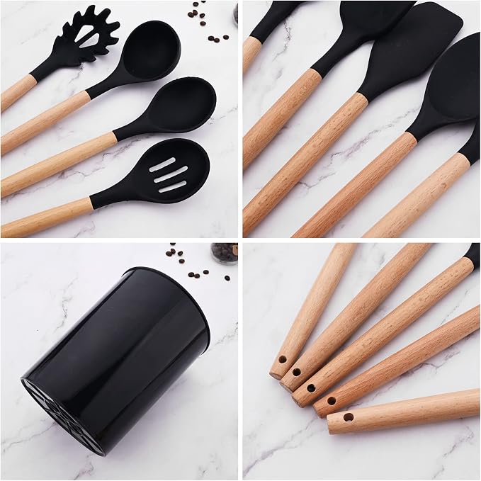 1pcs Black Silicone Balloon Whisk,Heat Resistant Non Scratch Coated Kitchen Whisk with Wooden Handle for Blending Whisking Beating Stirring Cooking Backing
