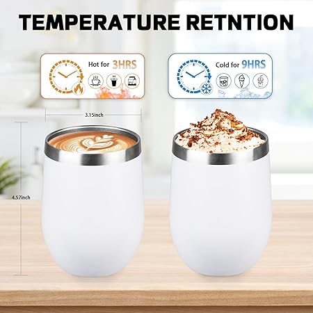 StarSpeed 12oz Wine Tumbler with lid, Stainless Steel Travel Mugs Stemless Double Wall Insulated Coffee Cup, Insulated Wine Glasses Travel Tumbler for Cold  Hot Drinks(White, 1)