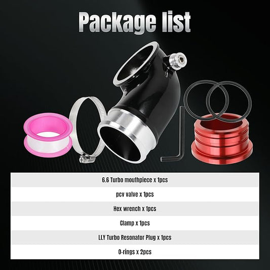 6.6 Turbo Mouthpiece and Resonator Plug Kit, LLY Turbo Mouthpiece for Duramax 6.6L LLY 2004.5-2010, Inlet Manifold Intake Elbow for Chevy Silverado for GMC Sierra Trucks with Billet Resonator Plug Cap