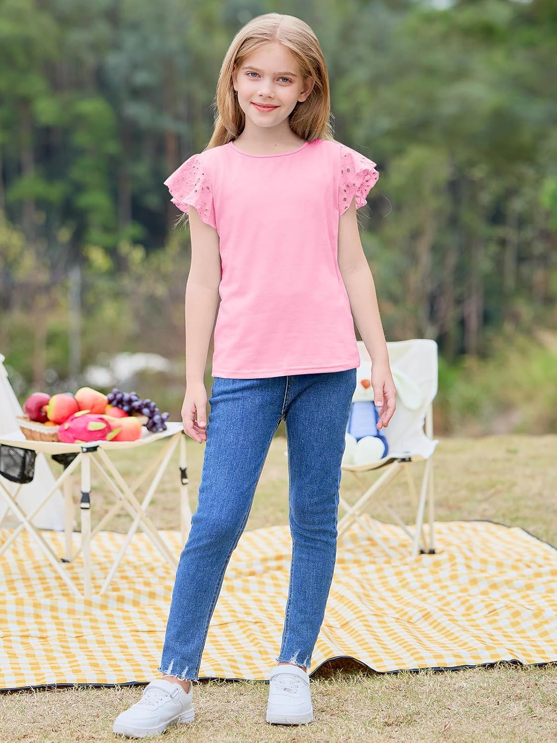 Imily Bela Girls Ruffle Sleeve Shirts Crewneck Eyelet Tops 4-15 Years | Cute summer casual blouse, soft breathable eyelet fabric with ruffle sleeves, comfortable daily shirts for kids
