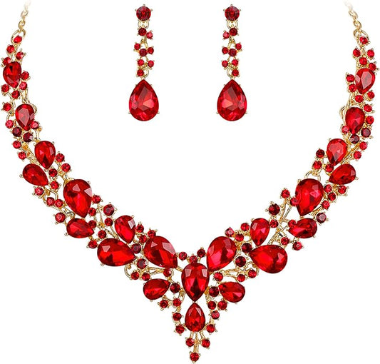 BriLove Women's Wedding Bridal Austrian Crystal Teardrop Cluster Statement Necklace Dangle Earrings Jewelry Set