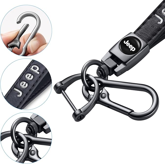 Genuine Leather car Keychain Suit for Jeep Wrangler Compass Cherokee Renegade Patriot Grand Commander Men's and Women's Key chains Keyring Lanyard Accessories Family Present Black